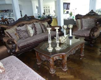 Traditional ornate wood trim sofa, loveseat, accent chairs & coffee table