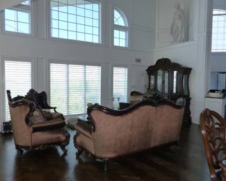Traditional ornate wood trim sofa, loveseat, accent chairs & coffee table