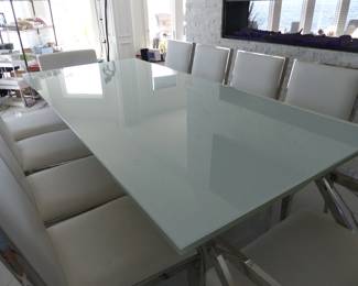 Modani modern sleek extendable white glass dining table with 10 white & chrome Modani chairs