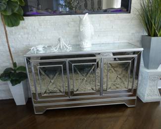 Mirrored sideboard, bric-a-brac, silk plant, pedestal & tree