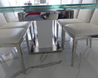 Modani modern sleek extendable white glass dining table with 10 white & chrome Modani chairs