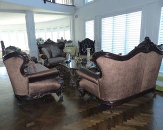 Traditional ornate wood trim sofa, loveseat, accent chairs & coffee table