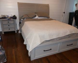 Gray wood bedroom set with storage in bed, night table, dresser & chest