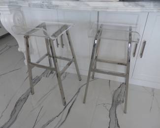 Pair of acrylic & chrome low back counter height bar stools