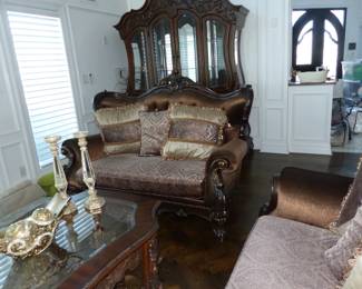 Traditional ornate wood trim sofa, loveseat, accent chairs & coffee table