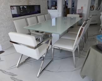 Modani modern sleek extendable white glass dining table with 10 white & chrome Modani chairs