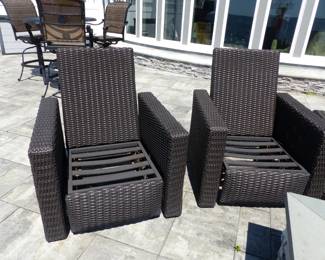 4 outdoor wicker reclining chairs (no cushions), 2 side tables