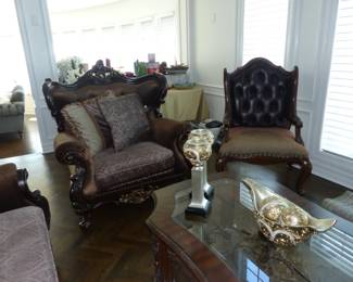 Traditional ornate wood trim sofa, loveseat, accent chairs & coffee table