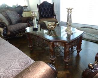 Traditional ornate wood trim sofa, loveseat, accent chairs & coffee table
