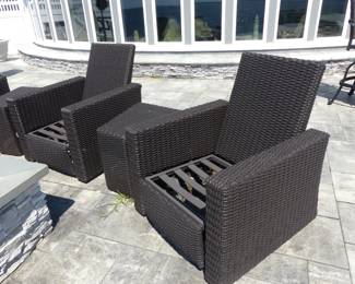 4 outdoor wicker reclining chairs (no cushions), 2 side tables
