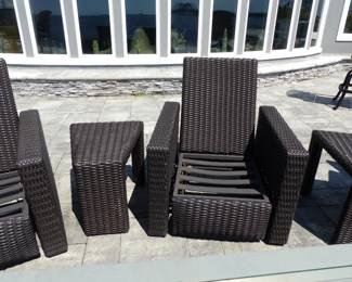 4 outdoor wicker reclining chairs (no cushions), 2 side tables