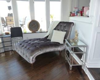 Stunning gray velvet tufted chaise, mirrored chest