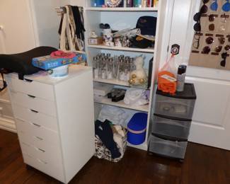 Rolling cabinet, books, sunglasses & misc. items