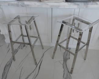 Pair of acrylic & chrome low back counter height bar stools