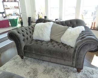 Stunning gray velvet tufted back sofa, loveseats, tufted ottoman & area rug