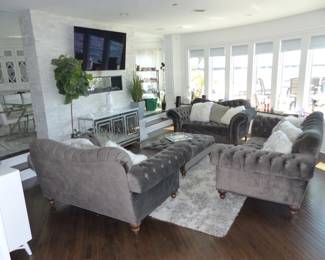 Stunning gray velvet tufted back sofa, loveseats, tufted ottoman & area rug