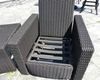 4 outdoor wicker reclining chairs (no cushions), 2 side tables