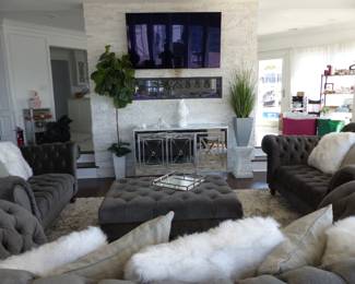 Stunning gray velvet tufted back sofa, loveseats, tufted ottoman & area rug