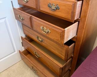 B37 - $125. Dixie Saybrook Tallboy Maple Dresser. 5 Drawers slide easily. Measures 36" x 19" x 47" tall.  