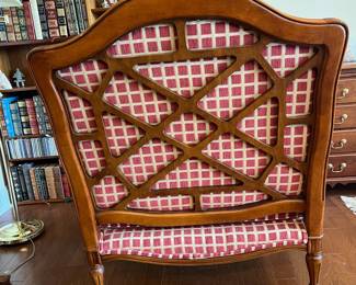 B24 - $250 Chair Only. Oversized Arm Chair with Geometric Lattice Cut-Out Backrest. Tag Reads "Custom Crafted by Accents Upholstery - Durham NC." Measures 37.5" wide x 35" deep x 42" tall. 