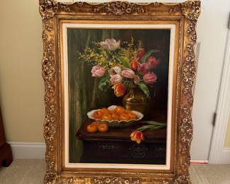 B57 - $350. LARGE Original Painting on Canvas. René Olivier "Nature Mort". Signed and has paper on the back.  Measures 34" x 43" with Heavy Gold Frame that is overall in very good condition. 