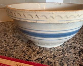 B104 - $85. Blue Stripe Zinc Glaze Stoneware Pottery Bowl. Measures 10" x 5".  Display only - does have a crack. 