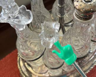B139 - $125. Cruet Stand & Condiment Set. E L Kingston & Co. Silver Plated. Measures 12" x 8" x 13" tall. 2 Cruets have heavy damage - included if you want them but not calculated into the price)