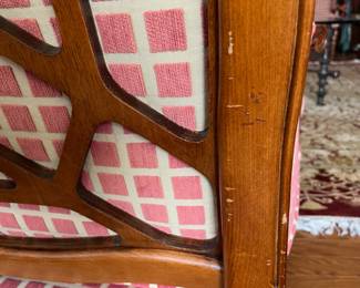 B25 -  $250 Chair & Ottoman - needs minor repair! Ottoman has a wiggly leg and one chair arm is loose. Oversized Arm Chair with Geometric Lattice Cut-Out Backrest. Tag Reads "Custom Crafted by Accents Upholstery - Durham NC." Measures 37.5" wide x 35" deep x 42" tall. Ottoman Measures 34.5" x 22" x 17.5" tall. 