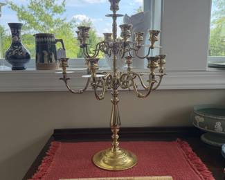 B120 - $225. Baldwin Brass 13 Arm Candelabra. Measures 20" tall x 15" wide as is. (You can remove a layer of the arms if you want it smaller.)