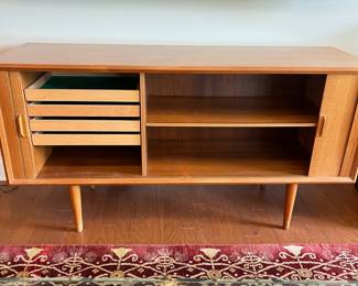 B27 - $1750. Mid Century Danish Teak Credenza with Tambour Doors.  Overall very good condition - has some minor surface scratches. Doors slide easily. Measures 59" x 19" x 31.5" tall. 