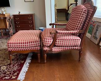 B25 -  $250 Chair & Ottoman - needs minor repair! Ottoman has a wiggly leg and one chair arm is loose. Oversized Arm Chair with Geometric Lattice Cut-Out Backrest. Tag Reads "Custom Crafted by Accents Upholstery - Durham NC." Measures 37.5" wide x 35" deep x 42" tall. Ottoman Measures 34.5" x 22" x 17.5" tall. 