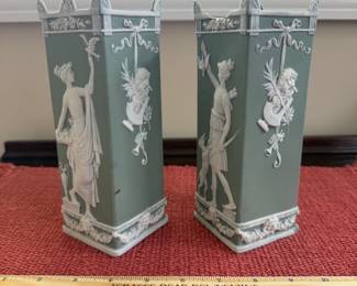 B109 - $100. Schafer & Vater Jasperware PAIR of Square Vases. 