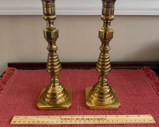 B123 - $25. PAIR of Brass Candlesticks. Measures 10" tall. 