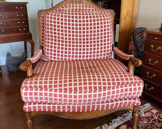 B24 - $250 Chair Only. Oversized Arm Chair with Geometric Lattice Cut-Out Backrest. Tag Reads "Custom Crafted by Accents Upholstery - Durham NC." Measures 37.5" wide x 35" deep x 42" tall. 