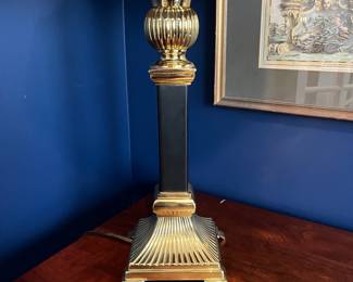 B21 - $45. Column Table Lamp. Brass & Black. Measures 30" tall. Black Shade is in very good condition. 
