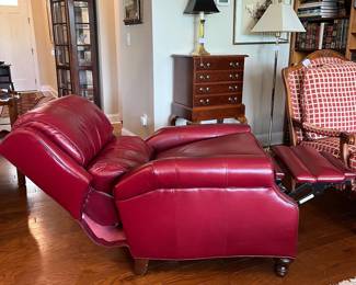 B26 - $250. Red Leather Recliner from Whitley Furniture Galleries - made in Hickory NC.  Measures 32" wide x 38" deep x 40" tall. Very comfortable recliner.  