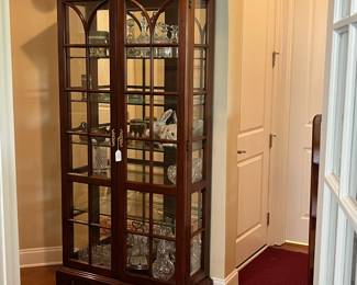 B10 - $275. Statton, Chippendale Style, Mahogany, Lighted Display Cabinet with 4 Adjustable Glass Shelves (1 is permanent). Measures 42" wide x 16" deep x 81.5" tall. 