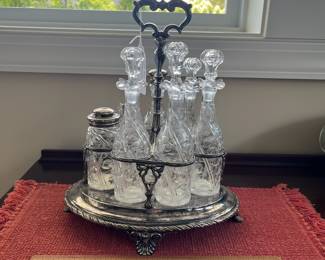B139 - $125. Cruet Stand & Condiment Set. E L Kingston & Co. Silver Plated. Measures 12" x 8" x 13" tall. 2 Cruets have heavy damage - included if you want them but not calculated into the price)