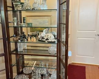 B10 - $275. Statton, Chippendale Style, Mahogany, Lighted Display Cabinet with 4 Adjustable Glass Shelves (1 is permanent). Measures 42" wide x 16" deep x 81.5" tall. 