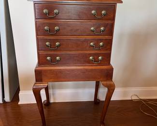 B13 - $375. Queen Anne Style Silver Chest. Moves in Top & Base Pieces. 4 Drawers all slide easily - no name found. Measures 22" x 16" x 40" tall. 