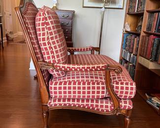 B24 - $250 Chair Only. Oversized Arm Chair with Geometric Lattice Cut-Out Backrest. Tag Reads "Custom Crafted by Accents Upholstery - Durham NC." Measures 37.5" wide x 35" deep x 42" tall. 