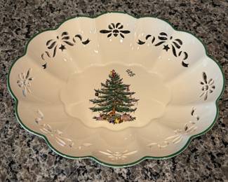 B73 - $20. Spode Christmas Tree Pierced Oval Fluted Dish in Original Box. Platter is 10" x 9". 