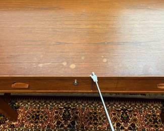 B2 - $850. Peter Løvig Nielsen, Flip-Top Executive Desk in Walnut. Denmark, 1970Measures 63.75" x 28.75" x 34" tall (at the tallest spot). 29" top of the desk to the floor.  Desk has been well loved - it is still sturdy and very useable but does have one broken handle and marks on the surface - see photos. 