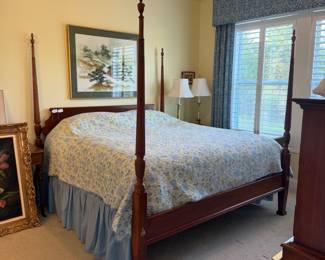 B53 - $450. King Four Poster Bed Frame. (No mattress included) Minor damage noted - please see photos. Measures 81" wide x 88" long x 80" tall. 