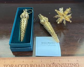 B147 - $35. Set of Baldwin Brass 24k Gold Finish Icicle & Snowflake Ornaments. 