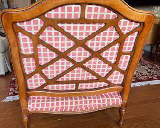 B25 -  $250 Chair & Ottoman - needs minor repair! Ottoman has a wiggly leg and one chair arm is loose. Oversized Arm Chair with Geometric Lattice Cut-Out Backrest. Tag Reads "Custom Crafted by Accents Upholstery - Durham NC." Measures 37.5" wide x 35" deep x 42" tall. Ottoman Measures 34.5" x 22" x 17.5" tall. 
