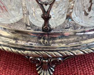 B139 - $125. Cruet Stand & Condiment Set. E L Kingston & Co. Silver Plated. Measures 12" x 8" x 13" tall. 2 Cruets have heavy damage - included if you want them but not calculated into the price)