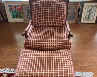 B25 -  $250 Chair & Ottoman - needs minor repair! Ottoman has a wiggly leg and one chair arm is loose. Oversized Arm Chair with Geometric Lattice Cut-Out Backrest. Tag Reads "Custom Crafted by Accents Upholstery - Durham NC." Measures 37.5" wide x 35" deep x 42" tall. Ottoman Measures 34.5" x 22" x 17.5" tall. 
