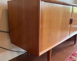 B27 - $1750. Mid Century Danish Teak Credenza with Tambour Doors.  Overall very good condition - has some minor surface scratches. Doors slide easily. Measures 59" x 19" x 31.5" tall. 