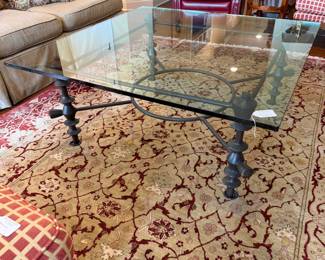 B40 - $150. Glass Top Coffee Table. Unmarked but google says it's a Giacometti Design. Measures 48" square x 20.25" tall. Has one spot that is chipped. Metal frame is in very good condition.  